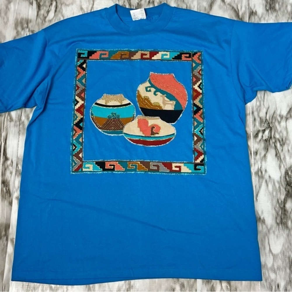 Vintage Single Stitch Tee Southwestern Boho Design Aztec Decoration Pottery